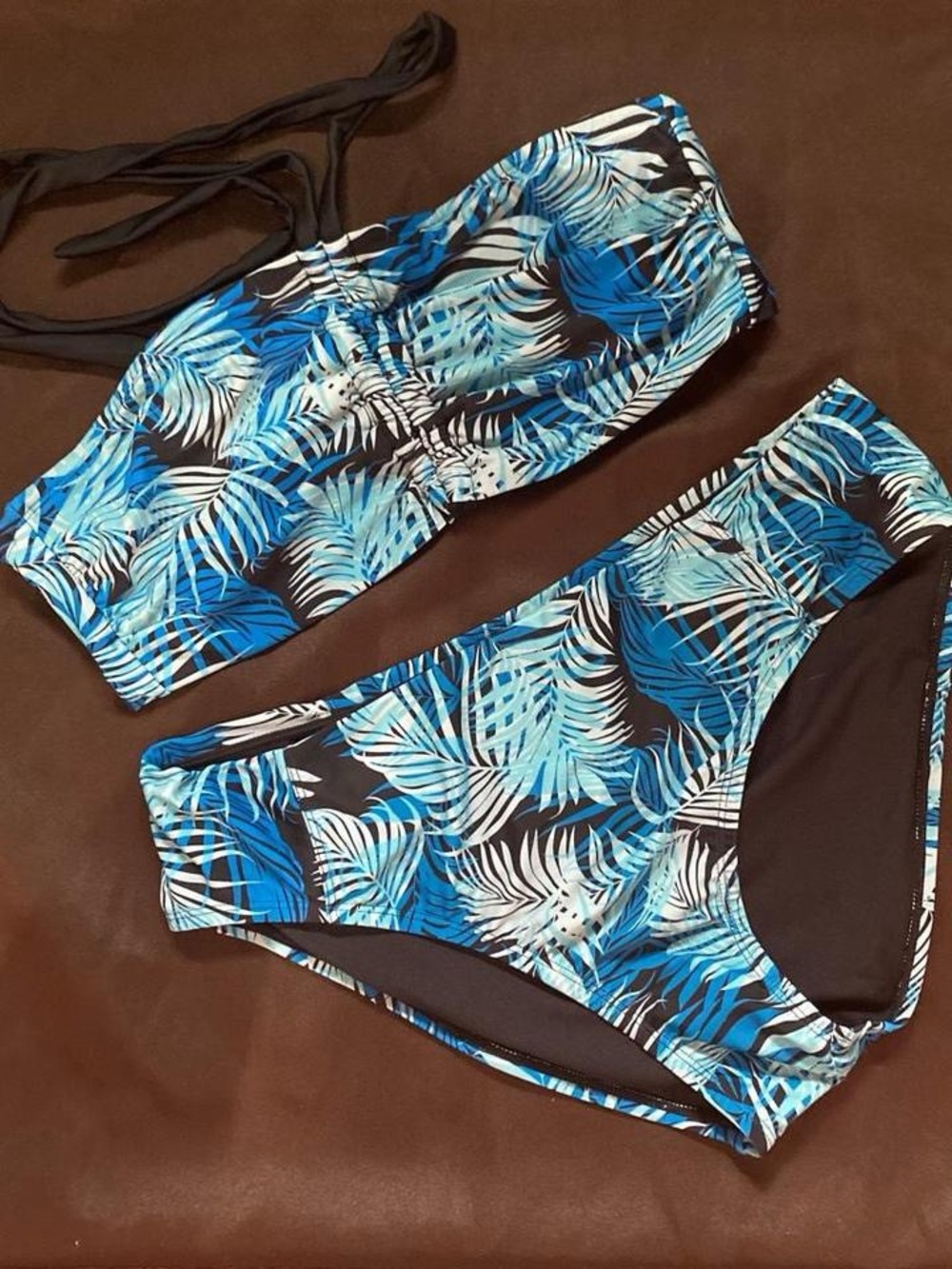 Time and Tru Blue, Black and White Tropical Bandeau Bikini Set
